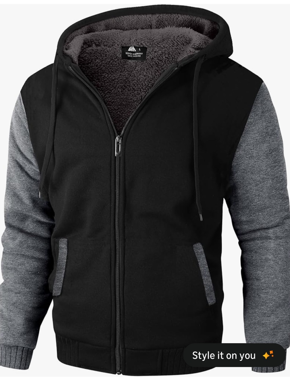 Men's Large Black & Gray Zip-Up Sherpa Lined Warm Hoodie Sweater